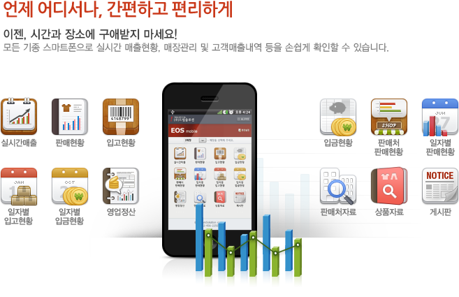 이젠, 시간과 장소에 구애받지 마세요! 모든 기종 스마트폰으로 실시간 매출현황, 매장관리 및 고객매출내역 등을 손쉽게 확인할 수 있습니다.
